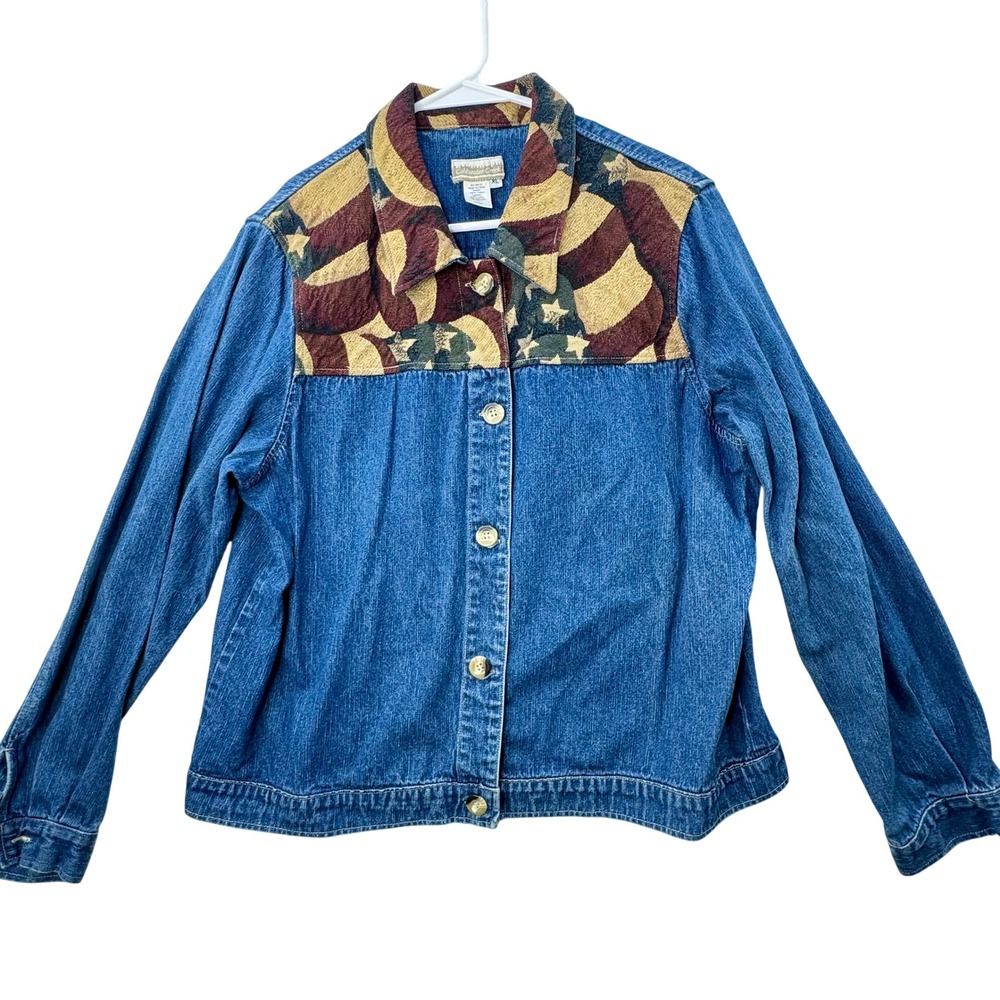 Coldwater Creek Denim Jacket Women XL‎ Blue American Flag Tapestry Patriotic